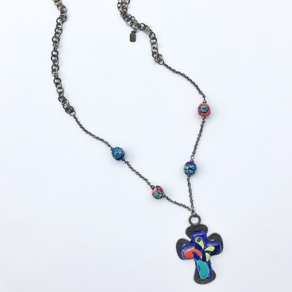Hand Painted Ceramic Talavera ✝️ & Beads Necklace